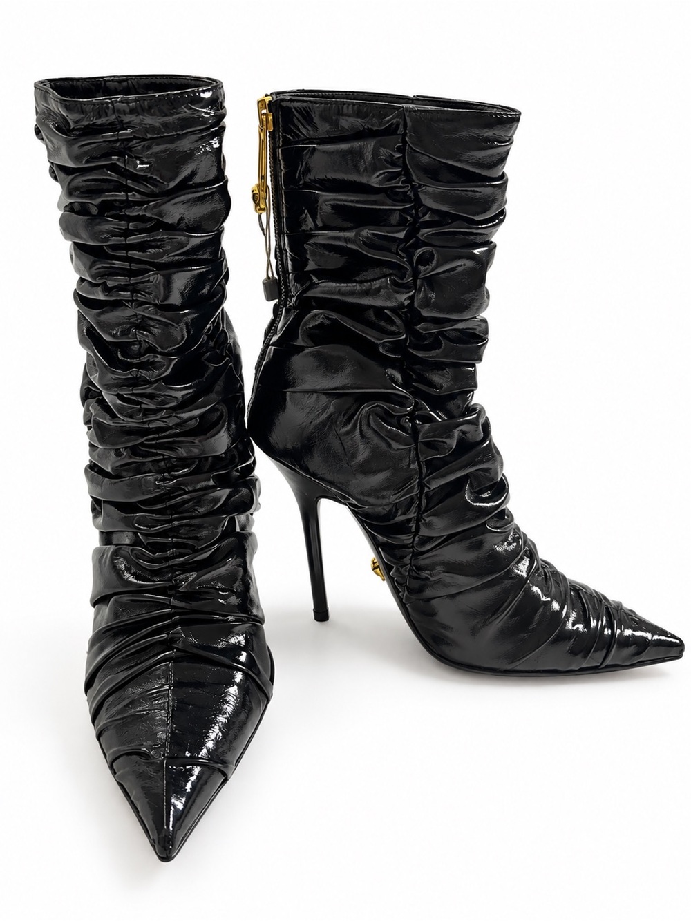 VERSACE Black Patent Ruched Stiletto Boots EU 40.5 NWT $3280 MSRP - Flawed